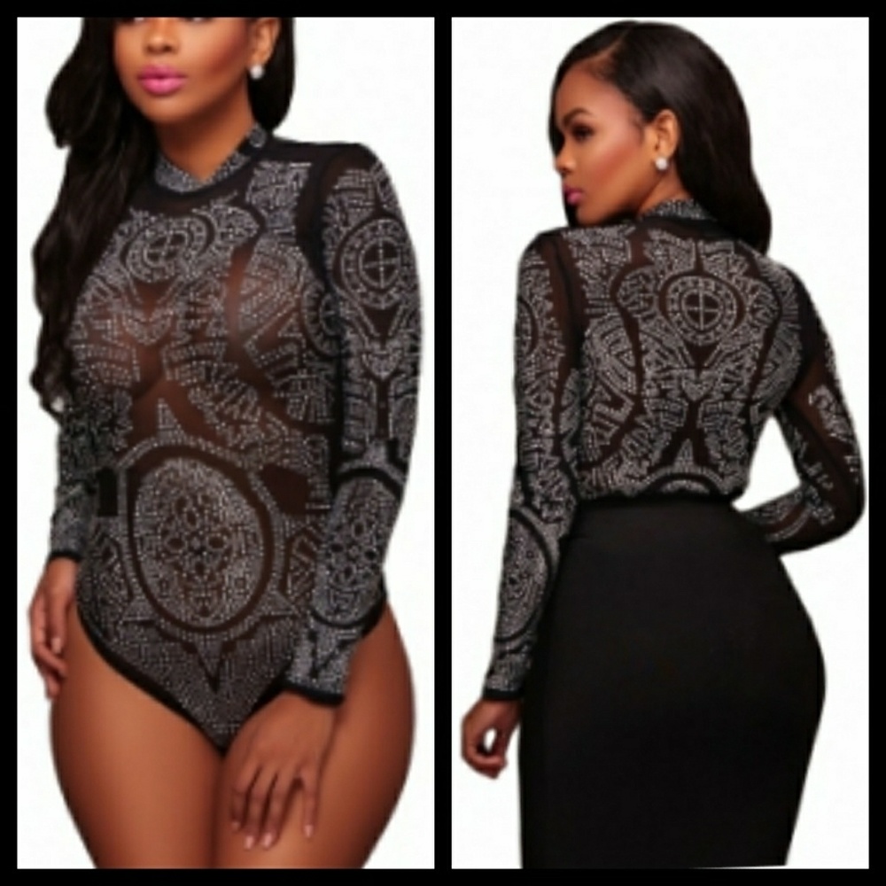 Mesh and rhinestone sexy bodysuit